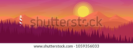 Landscape view of mountain range with pine tree forest in morning sunrise or evening sunset time in orange-pink-red tone with light house and the sun for banner in website