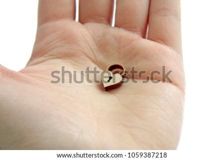 small wooden lock in hand on isolated background