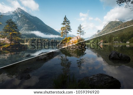 Amazing view of lake Hintersee. Location Ramsau, Berchtesgadener Land, Bavaria, Germany Alps, Europe. Beauty of earth. Images before and after. Original or retouch, example of photo editing process.
