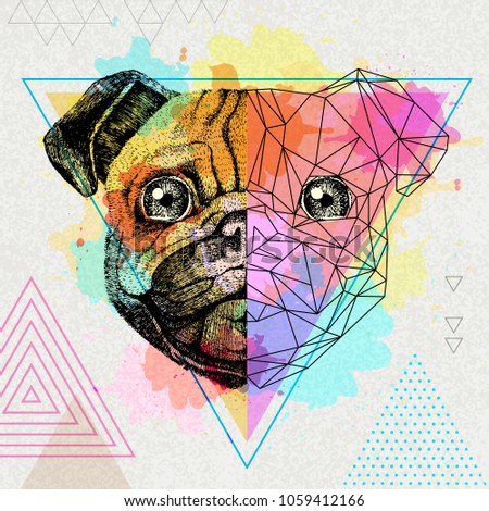 Hipster animal realistic and polygonal pug-dog on artistic watercolor background