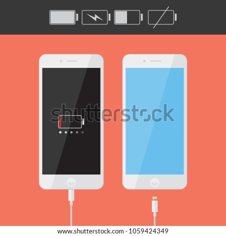 Realistic smartphone / iPhone icons collection with battery indicator and usb cable, white flat design device interface element for app ui ux web button, eps 10 vector isolated on white background