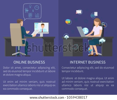 Online business and internet business, posters set with people working, icons of magnifying glass and text sample isolated on vector illustration
