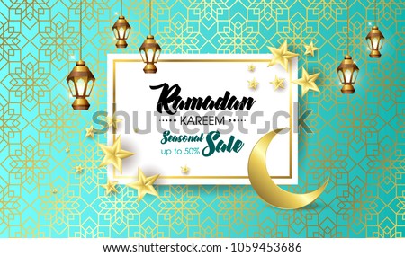 Ramadan Kareem, happy iftar, Ramadan Kareem beautiful greeting card with arabic calligraphy, template for menu, invitation, poster, banner, card for the celebration of Muslim festival, sale. Royalty-Free Stock Photo #1059453686