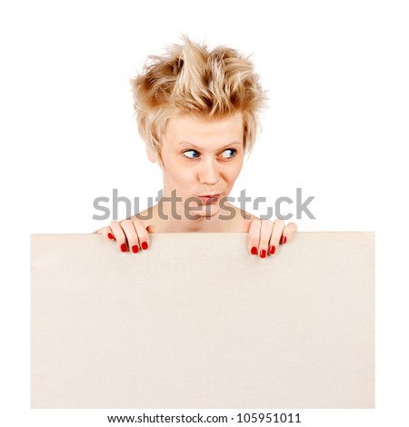 Beautiful young blond girl holding blank white sign with copy space.