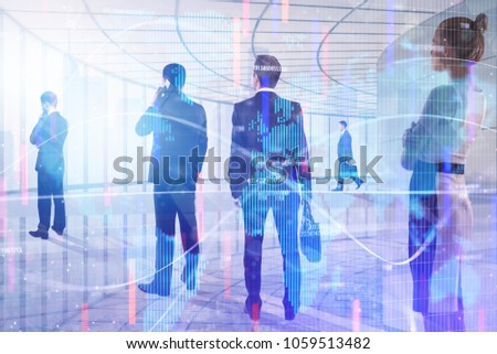 Businesspeople on abstract forex background. Meeting, finance and global business concept. Double exposure 