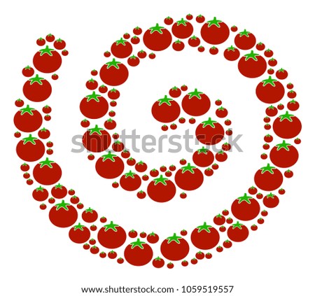 Spiral mosaic of tomato in different sizes. Vector tomato vegetable symbols are composed into spiral mosaic. Vegan vector design concept.