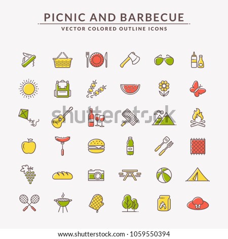 Picnic and barbecue web icons. Set of colored line symbols for a summer outdoor recreation theme. Collection of green, yellow and red outline elements isolated on white background. Vector illustration