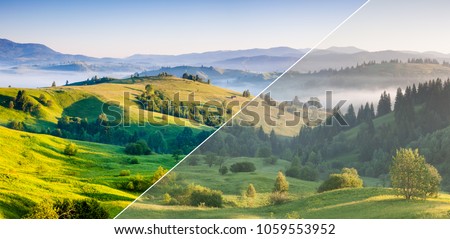 Beautiful rolling countryside around a farm. Amazing view. Location place Carpathian, Ukraine, Europe. Images before and after. Original or retouch, example of photo editing process. Beauty of earth.