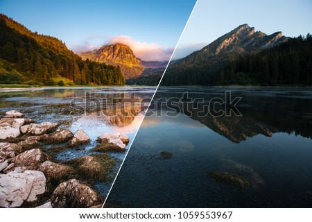Amazing view of lake Obersee at twilight. Location place Nafels, Mt. Brunnelistock, Swiss alps, Europe. Beauty of earth. Images before and after. Original or retouch, example of photo editing process.