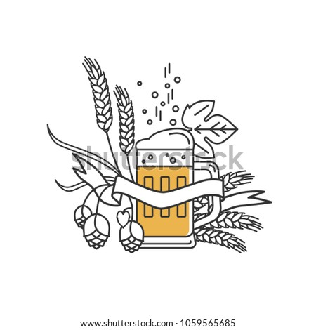 Beer mug, hops, wheat and ribbon . Linear icon. Sign, design elements, symbol, emblem, label, logo for brewery, beer restaurant, pub, bar, menu, website. Vector illustration.