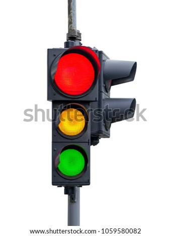 Red light with yellow and green semaphore isolated on white