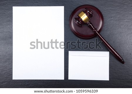 Law concept. Corporate stationery set mockup, gavel. Blank white textured brand ID elements
