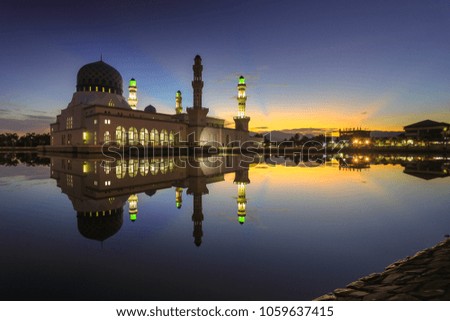 Sunrise from Kota Kinabalu City Mosque, Sabah, East Malaysia. A famous floating Mosque in the City.