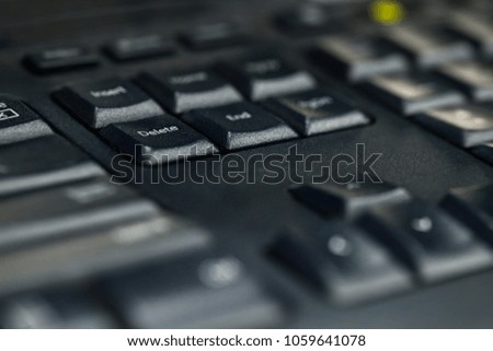Black computer keyboard, Focus on DELETE, Close up keyboard in concept of technology.