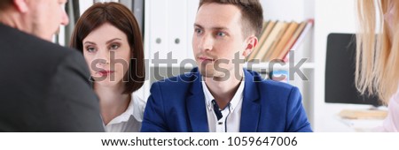 Group of people sit in office deliberate on problem portrait. White collar talk and listen idea discuss profit review sale market debate train lawyer document study finance adviser job concept