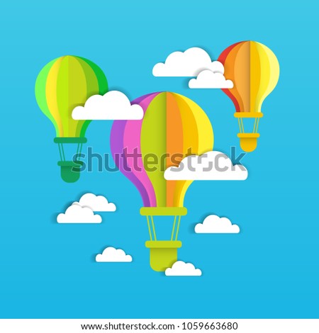 Colofrul Air Balloons Fly Over Blue Sky With White Clouds Background