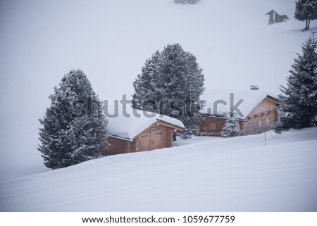 small house in winter at italy during snowing