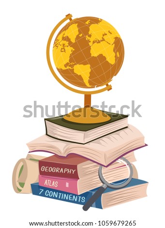 Illustration of Geography Books on Stack with a Gold Globe on Top