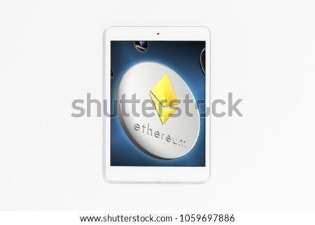 White tablet computer isolated on over white background with ethereum on screen