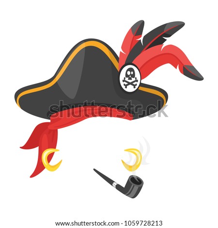 Vector cartoon style funny pirate face element or carnival mask. Decoration item for your selfie photo and video chat filter. Hat, smoking pipe and earrings. Isolated on white background.
 Royalty-Free Stock Photo #1059728213