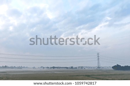 Sky with clouds and green rice fields tree, fog, high voltage electric pole, cable in the morning background usage