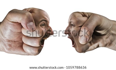 Two fists with a male and female face collide with each other on isolated, white background. Concept of confrontation, competition, family quarrel etc.  Royalty-Free Stock Photo #1059788636