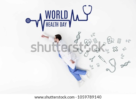 creative collage of doctor flying like super hero with world health day inscription and medical icons Royalty-Free Stock Photo #1059789140