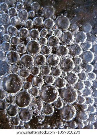 macro photo with a decorative background of the winter structure of air bubbles in the frozen water of a forest lake as a source for prints, advertising, posters, interiors, decor, photo shop