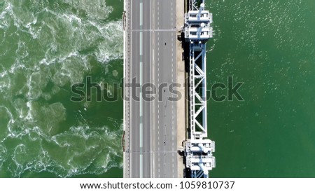 Aerial top down picture Eastern Scheldt storm surge barrier in Dutch Oosterscheldekering the largest of 13 ambitious Delta Works series of dams and storm surge barriers designed to protect Netherlands