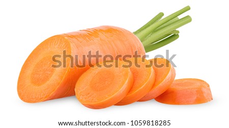 Fresh clean carrots with stems, ring slice isolated on white background. Clipping Path.  Full depth of field.

