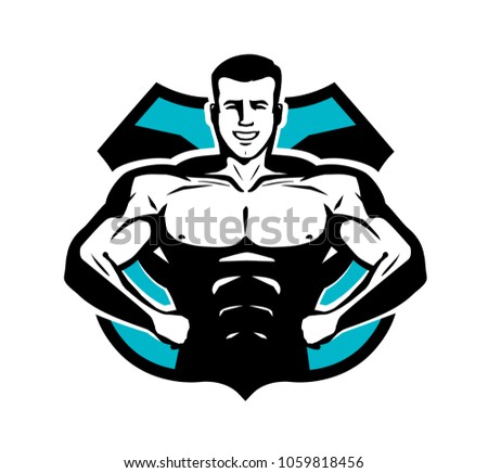 Gym, bodybuilding, sport logo or label. Happy bodybuilder with muscular body. Vector illustration
