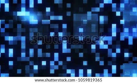An impressive 3d illustration of small shining blue and white squares in the black background. They make some puzzling labyrinth lit from inside cheerfully. It looks like disco art.