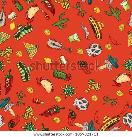 seamless pattern vector illustration on isolated background Mexican design elements cacti, sombrero, and other Mexico country symbols, red background