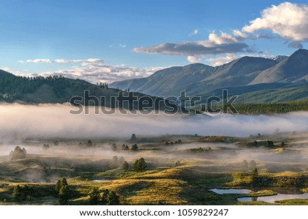 Amazing morning mist in the mountains above the hills, valley, lakes, trees and green grass against the blue sky with clouds