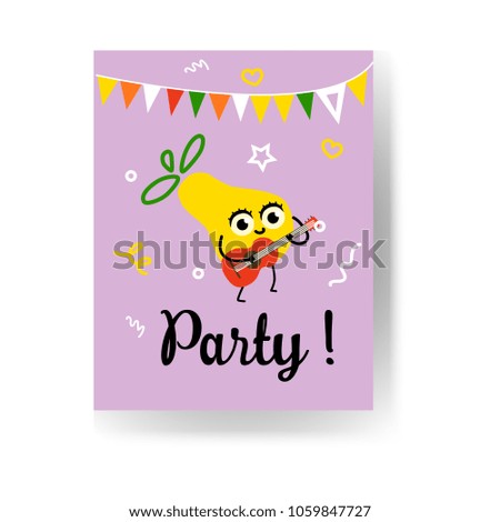 Fruit summertime party poster with ripe pineapple playing guitar, dancing and having fun. Cartoon cute joyful and smiling character of fruit for summer vacation theme, vector illustration.