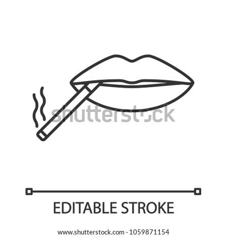 Cigarette in mouth linear icon. Thin line illustration. Smoking negative concept. Contour symbol. Vector isolated outline drawing. Editable stroke