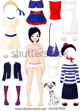 Paper doll with clothing set. Summer in Paris