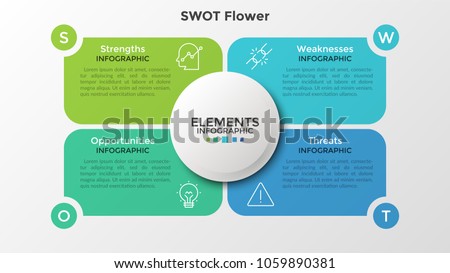 Four colorful elements with linear icons and place for text inside placed around circle. Concept of SWOT-analysis or strategic planning technique. Infographic design template. Vector illustration. Royalty-Free Stock Photo #1059890381