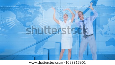 Digital composite image of business people with arms raised against map