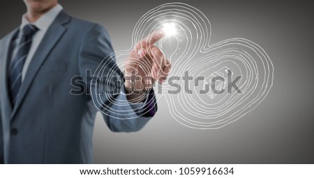 Business man mid section pointing with flare behind white business doodle against grey background