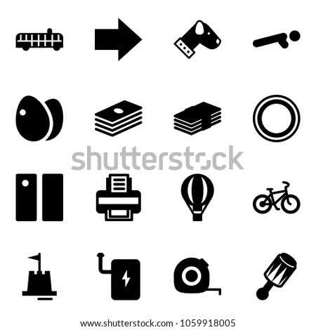 Solid vector icon set - airport bus vector, right arrow, dog, push ups, eggs, dollar, prohibition road sign, pause, printer, air balloon, bike, sand castle, power bank, measuring tape, beanbag