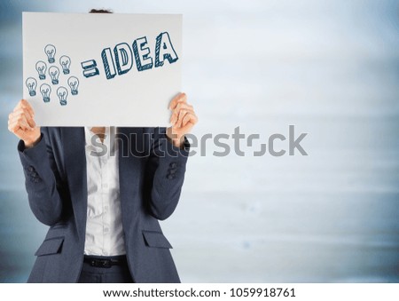 Business woman with card over face and blue idea doodle against blurry blue wood panel