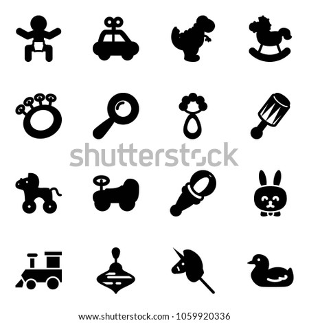 Solid vector icon set - baby vector, car toy, dinosaur, rocking horse, beanbag, wheel, rabbit, train, wirligig, unicorn stick, duck