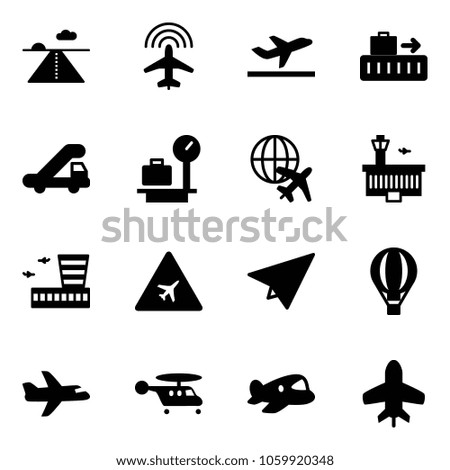 Solid vector icon set - runway vector, plane radar, departure, baggage, trap truck, scales, globe, airport building, road sign, paper, air balloon, helicopter, toy