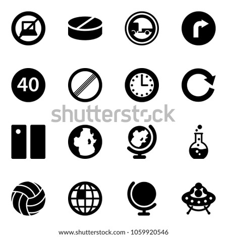 Solid vector icon set - no computer sign vector, pill, trailer road, only right, minimal speed limit, time, reload, pause, globe, round flask, volleyball, ufo toy