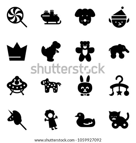 Solid vector icon set - lollipop vector, santa sleigh, dog, christmas elf, crown, dinosaur toy, bear, elephant wheel, ufo, horse, rabbit, baby carousel, unicorn stick, doll, duck, cat