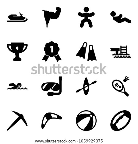 Solid vector icon set - snowmobile vector, power hand, gymnastics, abdominal muscles, gold cup, medal, flippers, pool, swimming, diving, kayak, badminton, axe, boomerang, beach ball, football