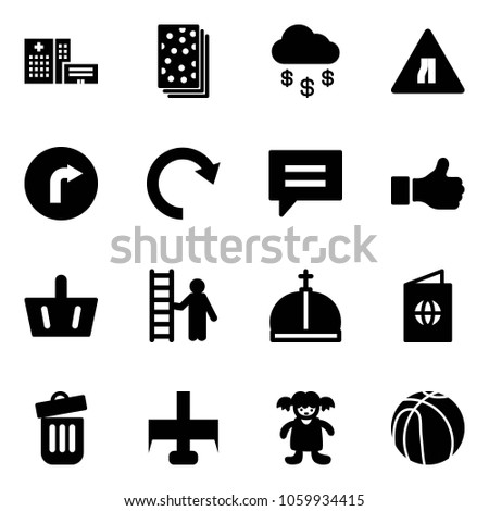 Solid vector icon set - hospital building vector, breads, money rain, Road narrows sign, only right, redo, chat, like, basket, opportunity, crown, passport, trash bin, milling cutter, doll