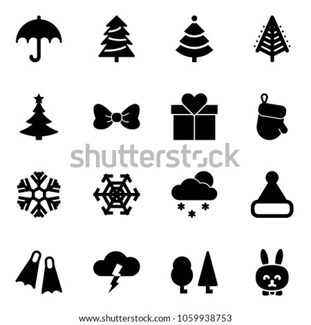 Solid vector icon set - insurance vector, christmas tree, bow, gift, glove, snowflake, snowfall, hat, flippers, storm, forest, toy rabbit