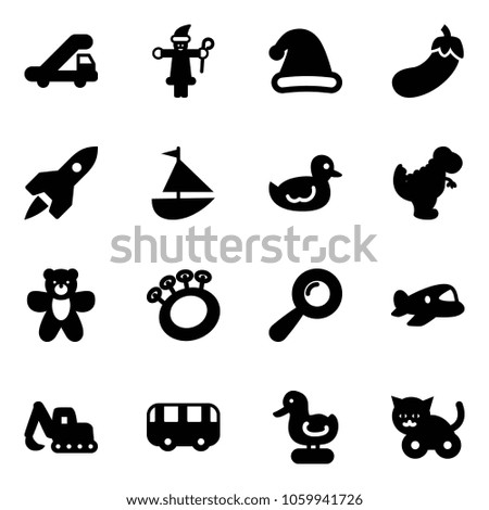 Solid vector icon set - trap truck vector, santa claus, christmas hat, eggplant, rocket, sailboat toy, duck, dinosaur, bear, beanbag, plane, excavator, bus, cat